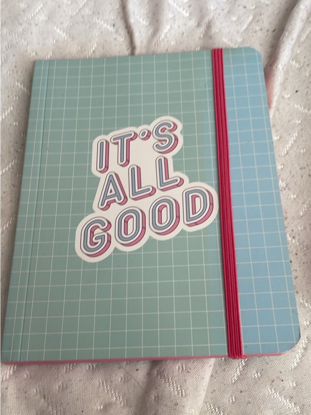 "It's All Good" Grid Hardcover Notebook with Pink Elastic